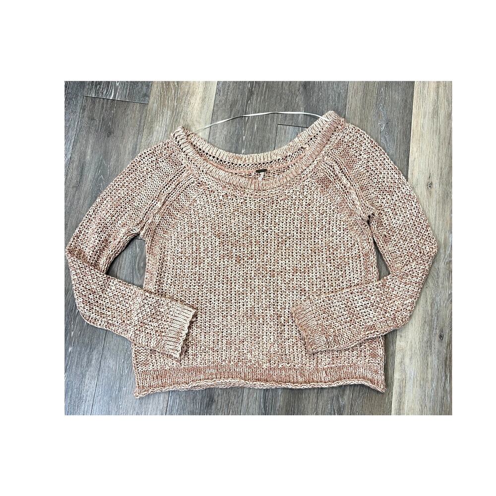 Free People Women’s Small Chunky Knit Crop Sweater Pink Beige Boho Cozy